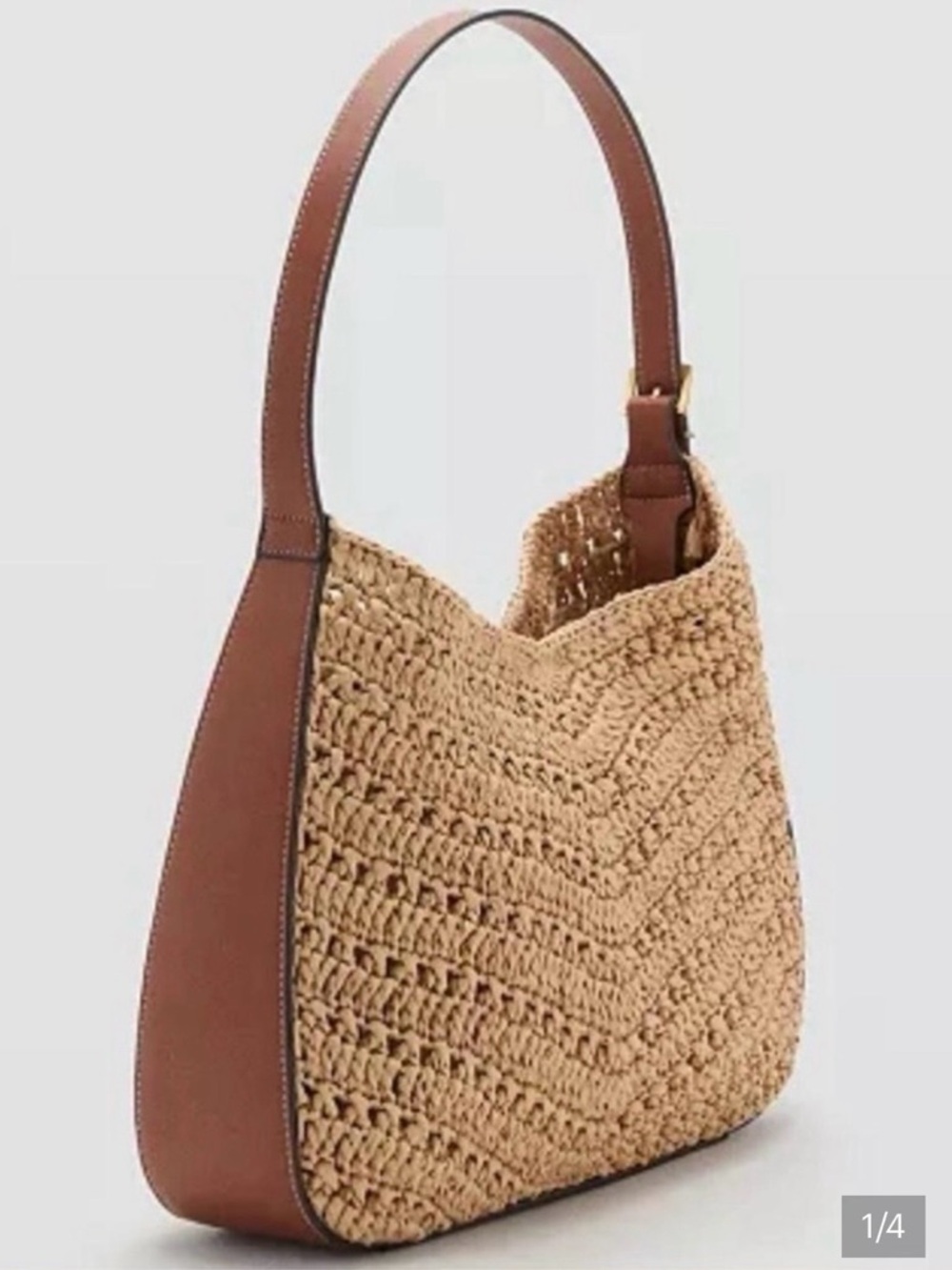 Mango Woven Shoulder Bag w/brown leather trim